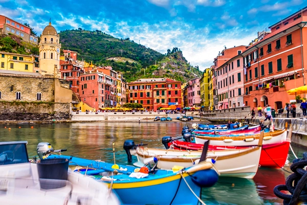 View of Vernazza village, Cinque Terre, Italy. View from the pier to the village