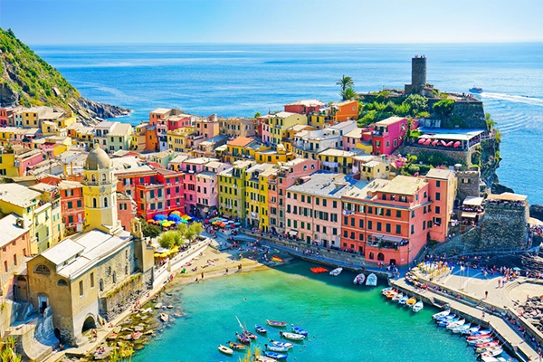 View of the beautiful seaside of Vernazza village in summer in the Cinque Terre area, Italy.