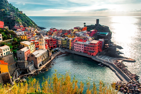 Aerial view of Vernazza - small italian town in the province of La Spezia, Liguria, northwestern Italy.