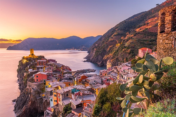 Vernazza, La Spezia, Liguria, Italy in the Cinque Terre region at dusk.