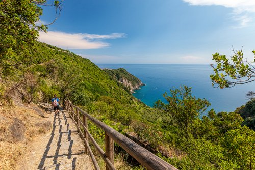 Landscaping view of Cinque Terre hiking track, way from Vernazza village to Corniglia village, Liguria, Italy